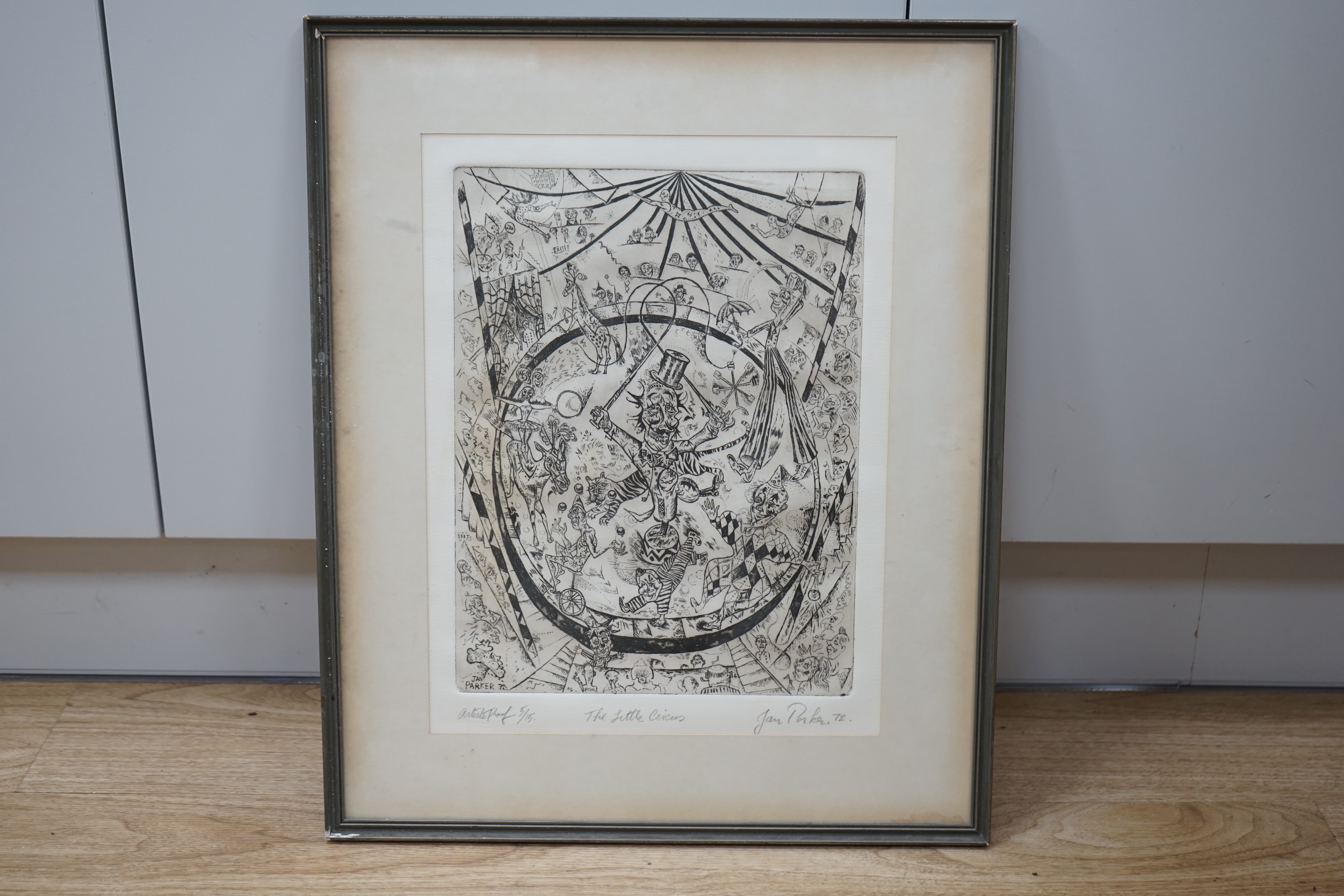 Jan Parker (b.1945), drypoint etching, 'The Little Circus', artists proof, limited edition 5/15, signed and dated '72 in pencil, 38 x 29cm. Condition - good